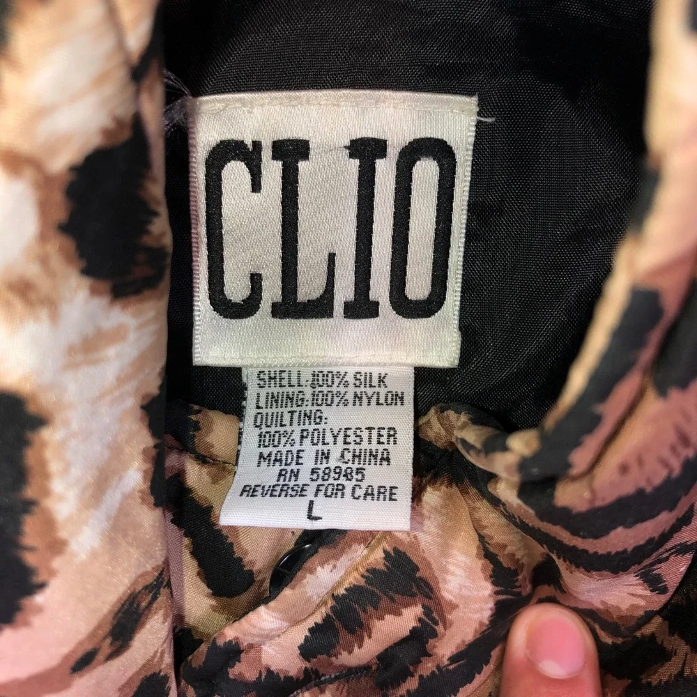 Clio 100% Silk Quilted Jacket Womens L Leopard Tiger Animal Print Brown Puffer